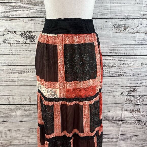 Langer Skirt sz Medium Dark Red Black Tiered Boho Lace Long Maxi Peasant Modest - Picture 4 of 14